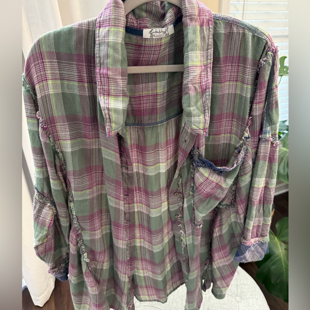 Free People Plaid Patchwork Ruffle Button-Up Flan… - image 1